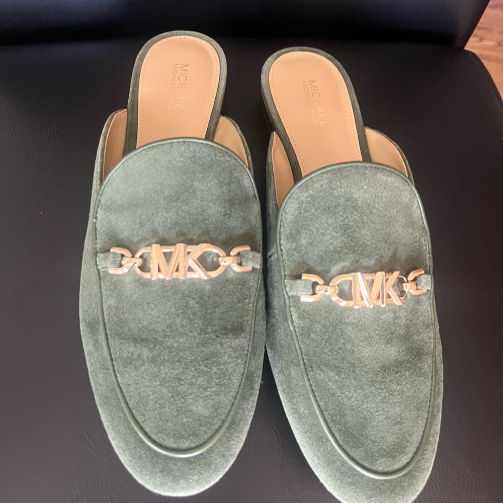 Michael Kors Olive Suede Mules with Gold Logo